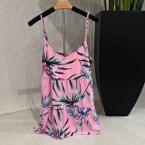 Pink Tropical Print Spaghetti Strap Summer Dress